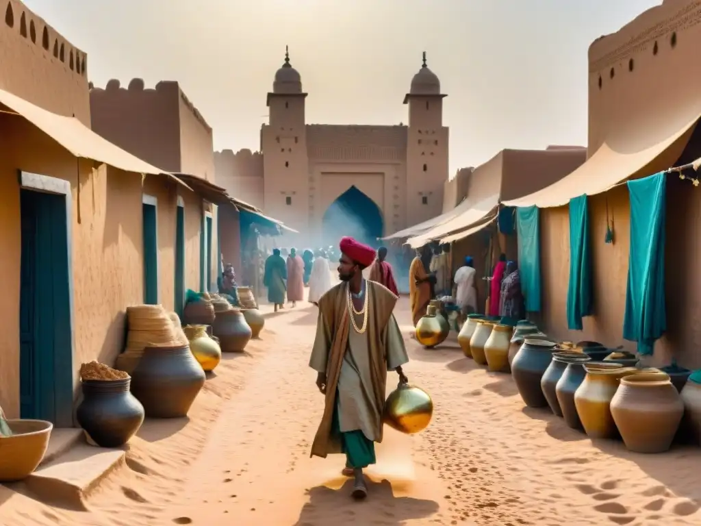 Escena vibrante de comercio global precolonial en África, intercambio en antiguo mercado de Timbuktu