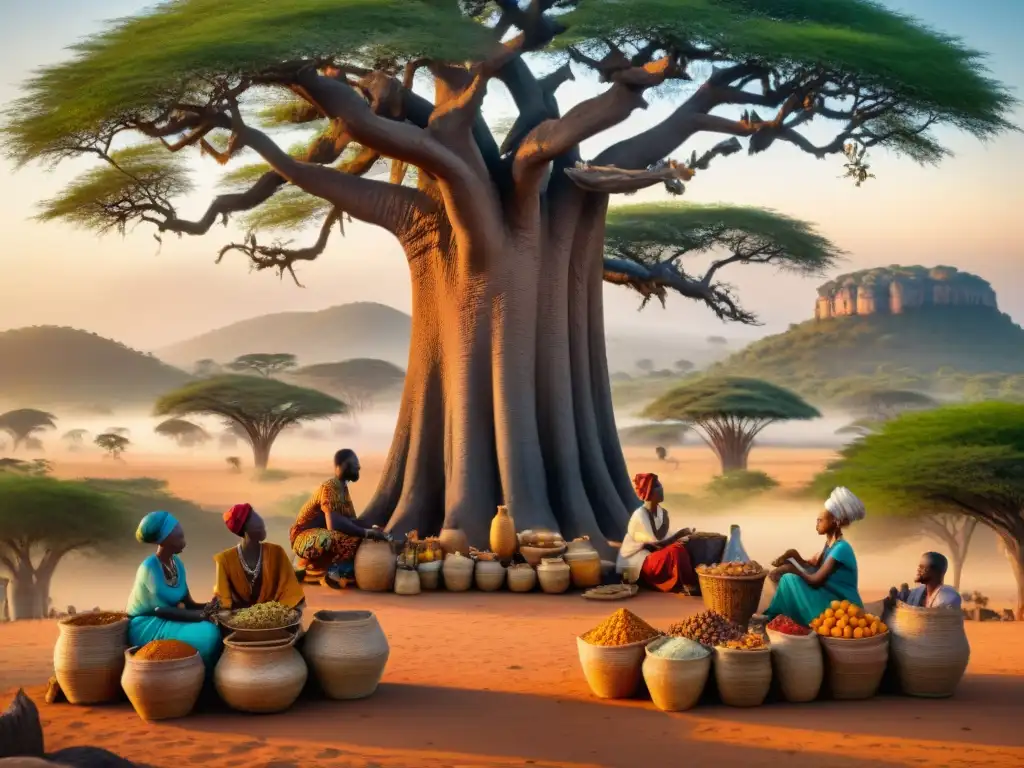 Escena vibrante de comercio en reinos africanos, con mercaderes intercambiando bienes bajo baobabs