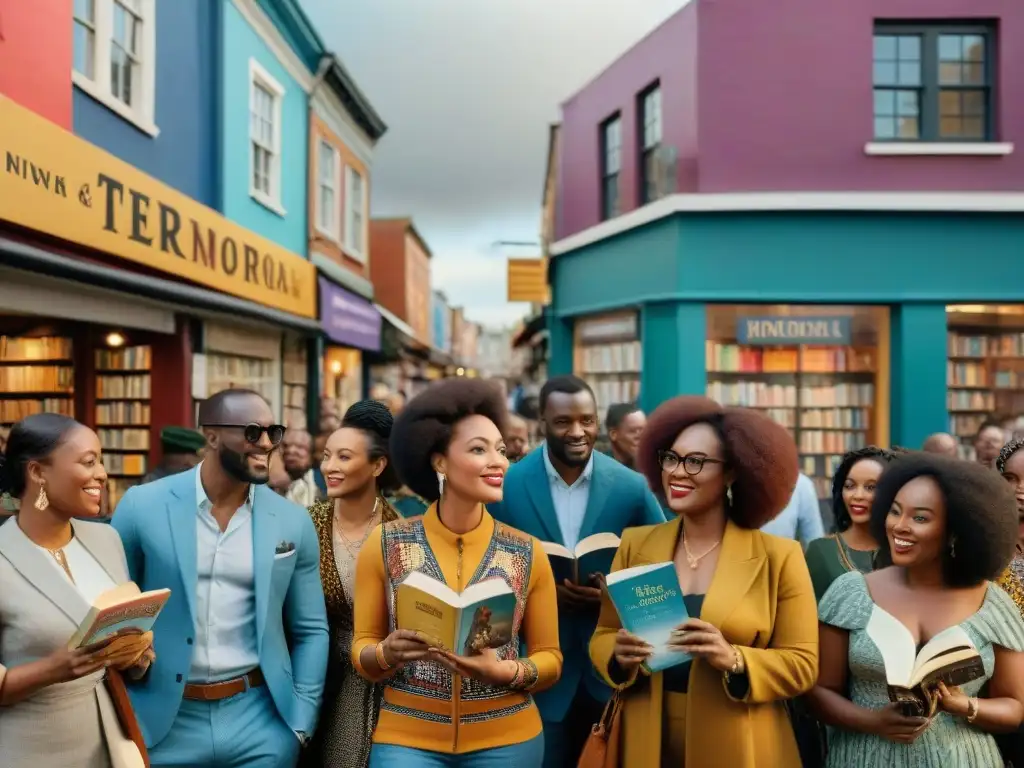 Escena vibrante en una comunidad de diáspora africana, con murales coloridos, librerías independientes y un ambiente de conexión comunitaria