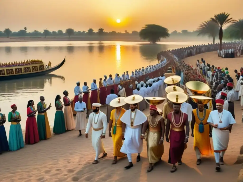 Una escena vibrante del Culto al Nilo en Egipto: festivales, rituales y danzas junto al río Nilo al atardecer