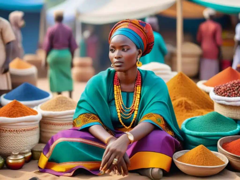 Una escena vibrante de la cultura Hausa en África: mujer vestida con traje tradicional colorido, rodeada de puestos de mercado y otras mujeres Hausa