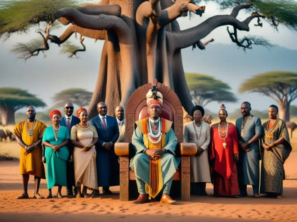 Una escena vibrante de diplomacia en reinos africanos: un líder tribal con atuendo ceremonial rodeado de consejeros bajo un baobab