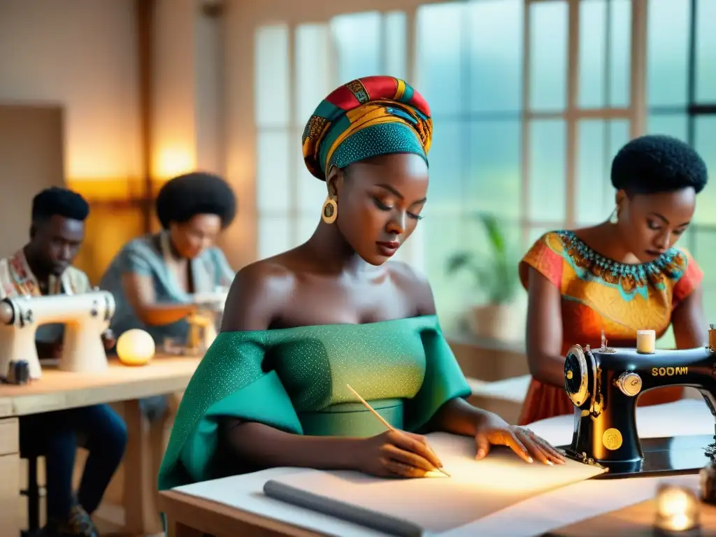 Una escena vibrante de diseñadores de moda africana inmersos en su trabajo creativo, reflejando la innovación del diseño de moda africana global