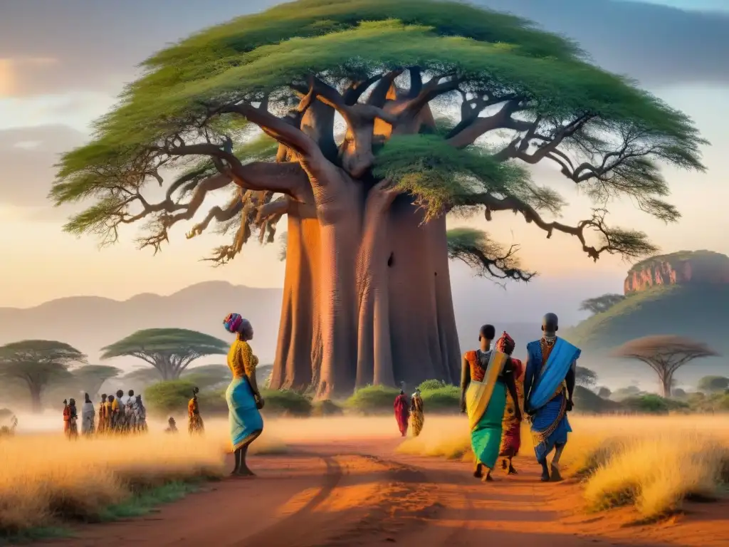 Una escena vibrante de diversidad lingüística en África bajo un baobab, resaltando migraciones y herencia cultural