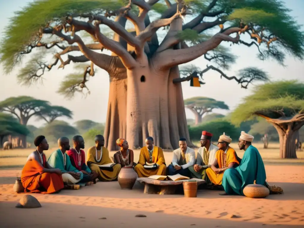 Una escena vibrante de eruditos africanos compartiendo sabiduría bajo un baobab, rodeados de manuscritos antiguos y artefactos tradicionales