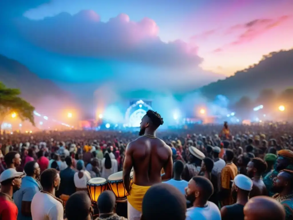 Escena vibrante de festival de música africana al atardecer