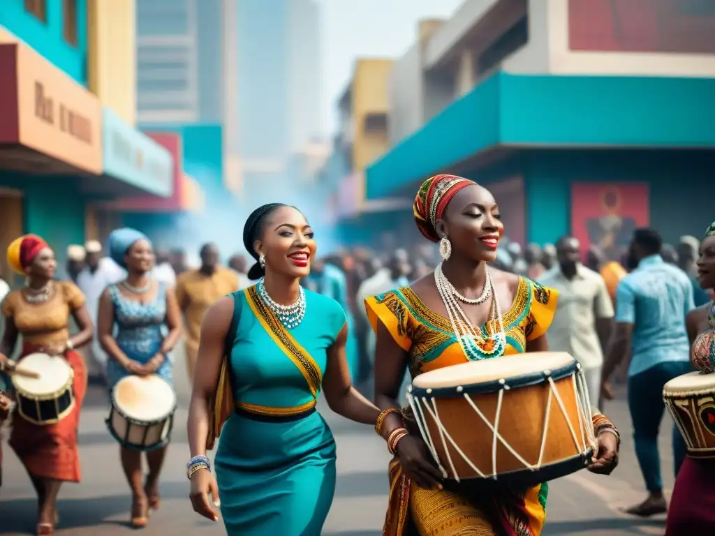 Una escena vibrante de un festival de música africana contemporánea en Lagos, Nigeria, con movimientos culturales africanos contemporáneos