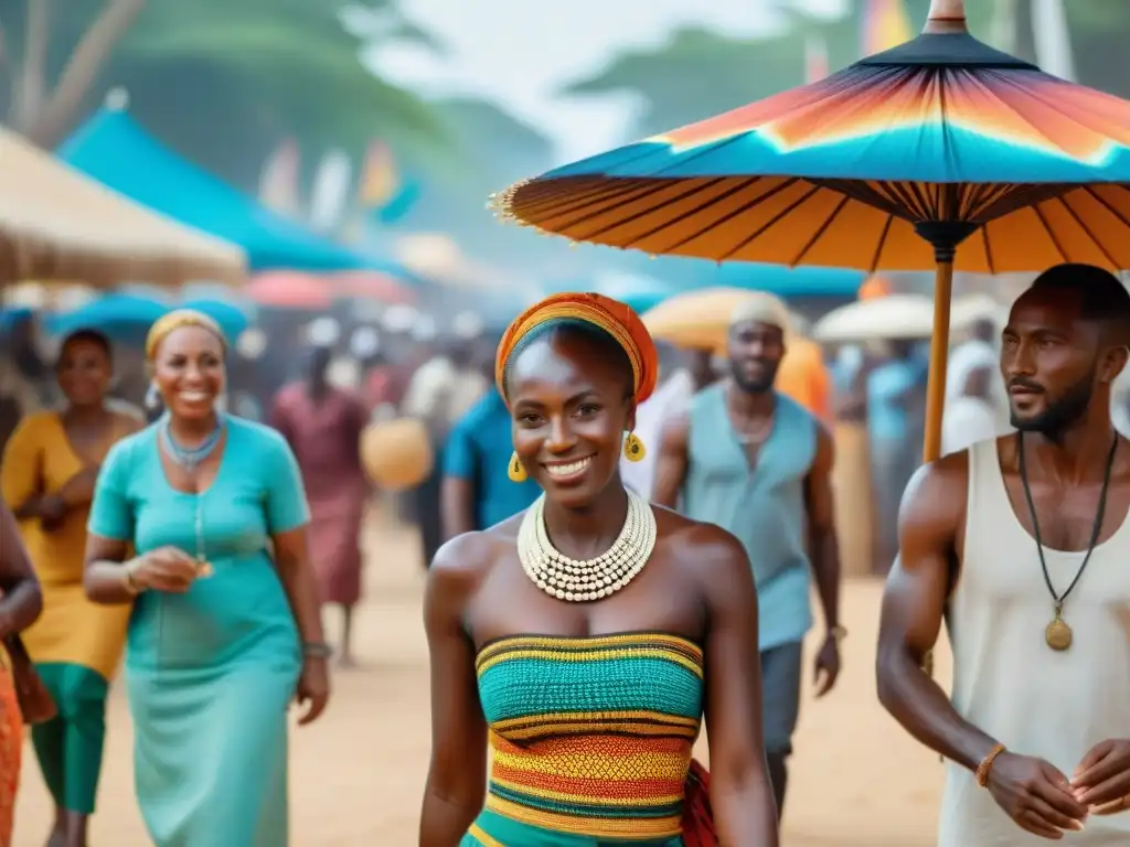 Escena vibrante en el festival Sauti za Busara en Zanzíbar, con turistas y locales disfrutando de la música y la artesanía africana