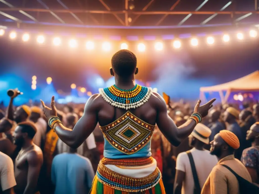 Escena vibrante de festival de música en África, con diversa audiencia disfrutando de actuaciones en vivo