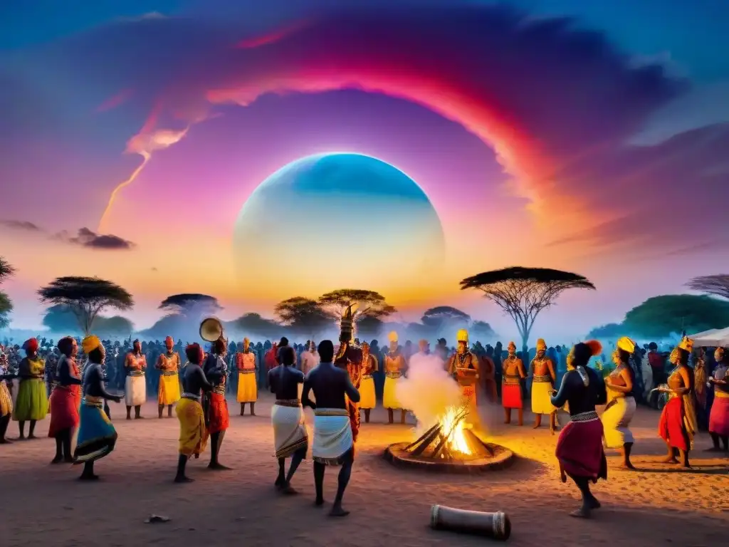 Una escena vibrante en un Festival de Luna Llena en África, con un gran fuego iluminando a personas bailando bajo el cielo nocturno