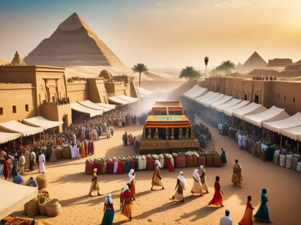 Escena vibrante de festivales y celebraciones en Egipto y Nubia, con detalles coloridos y expresiones alegres en un mercado tradicional