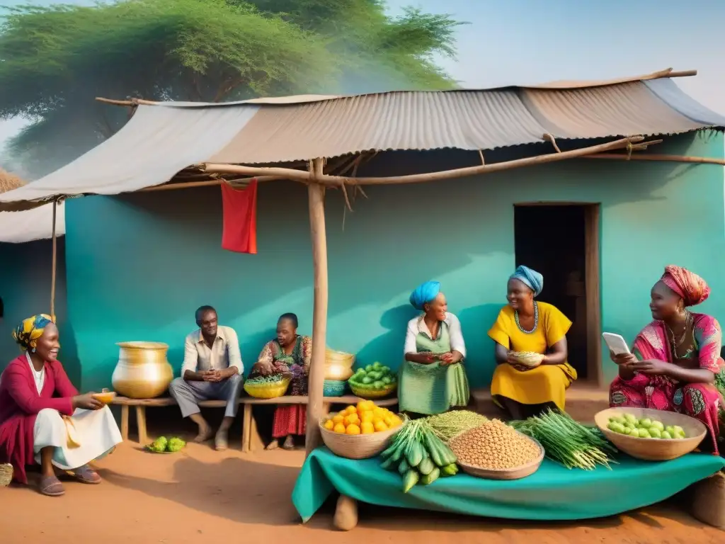 Una escena vibrante de inclusión financiera en un mercado rural africano, con coloridas transacciones y talleres comunitarios bajo un árbol centenario