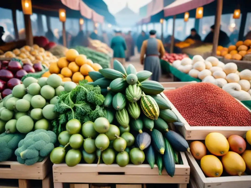 Escena vibrante del intercambio colombino de ingredientes en la dieta europea en un mercado del siglo XV