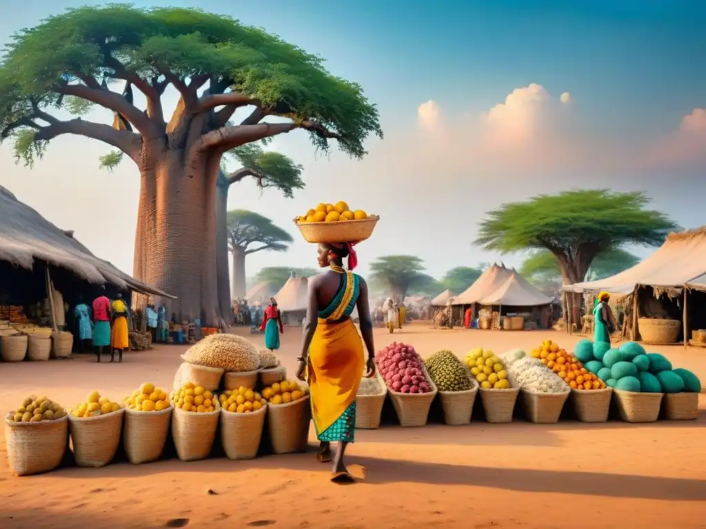 Escena vibrante de mercado africano antiguo, con comercio de cultivos y artesanías bajo baobabs