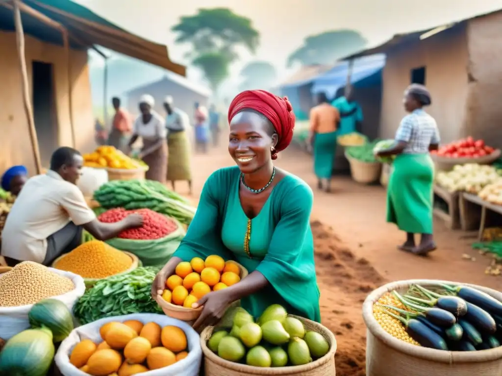 Escena vibrante de mercado africano con agricultores locales intercambiando productos frescos