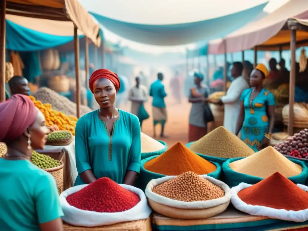 Escena vibrante de un mercado africano con comerciantes locales y productos diversos