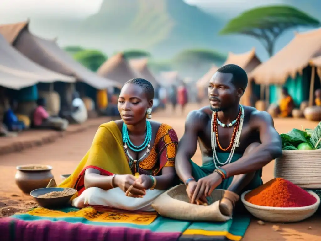 Escena vibrante de mercado africano con diversidad lingüística en África: gente, textiles coloridos, juegos tradicionales y vegetación exuberante