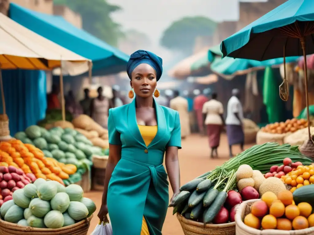 Escena vibrante de mercado africano con colores vivos y diversidad de personas comerciando bajo grandes sombrillas