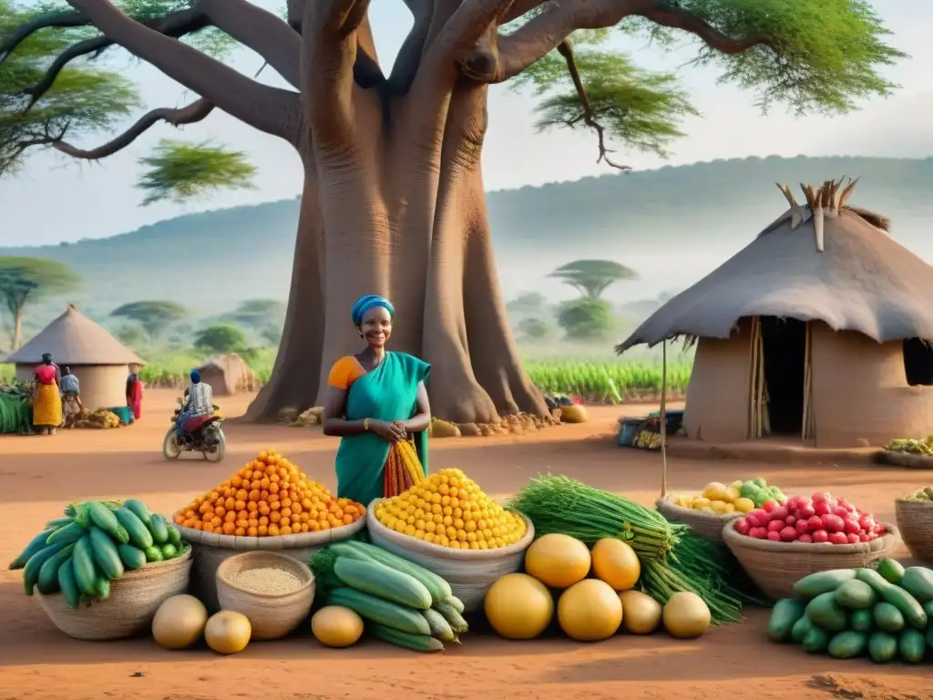 Escena vibrante de un mercado africano con tecnologías agrícolas tradicionales y comunidad animada