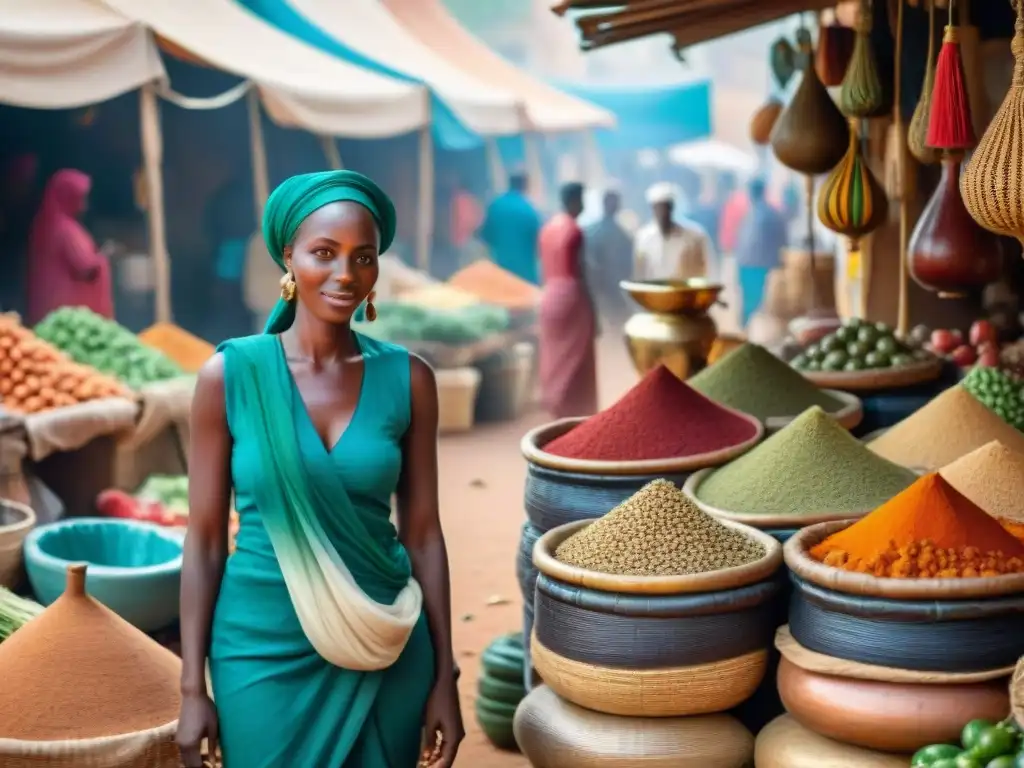 Escena vibrante de un mercado africano con especias coloridas, vegetales frescos y alfarería, influencia gastronomía cuscús civilizaciones africanas