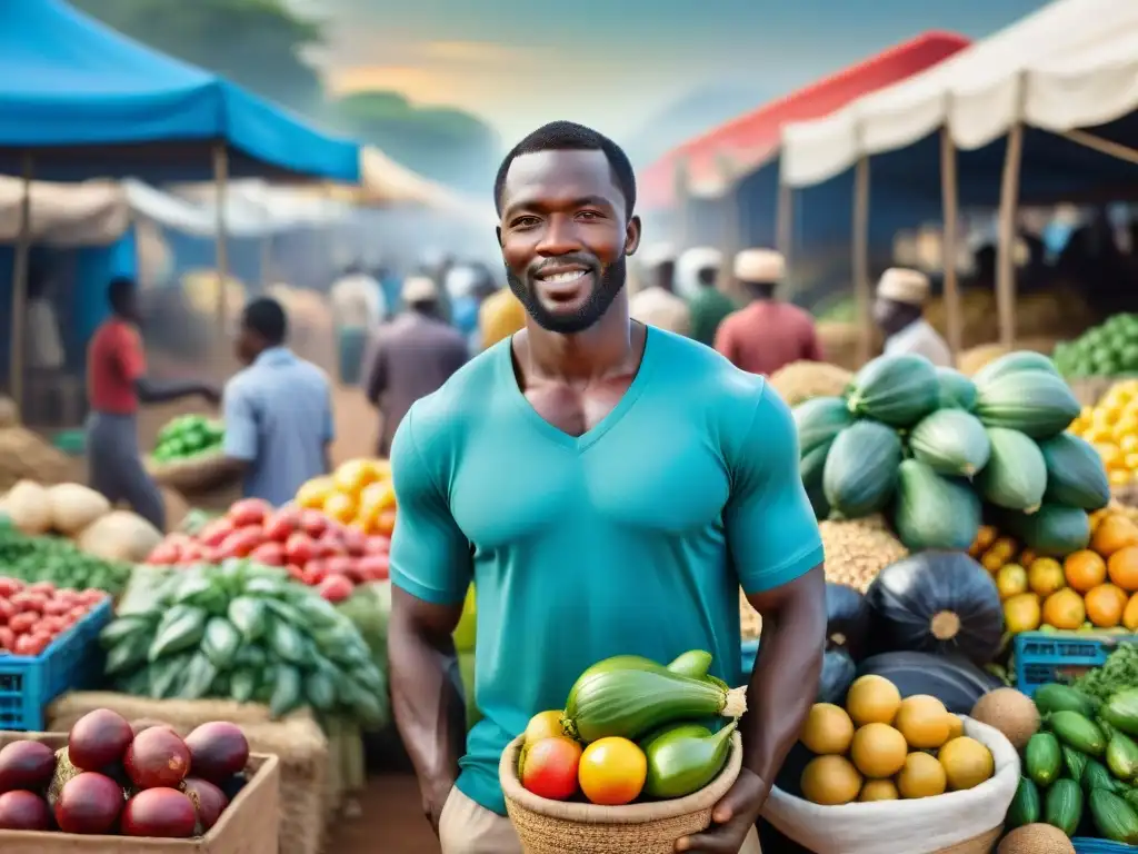 Escena vibrante de un mercado africano con productos coloridos y vida comercial