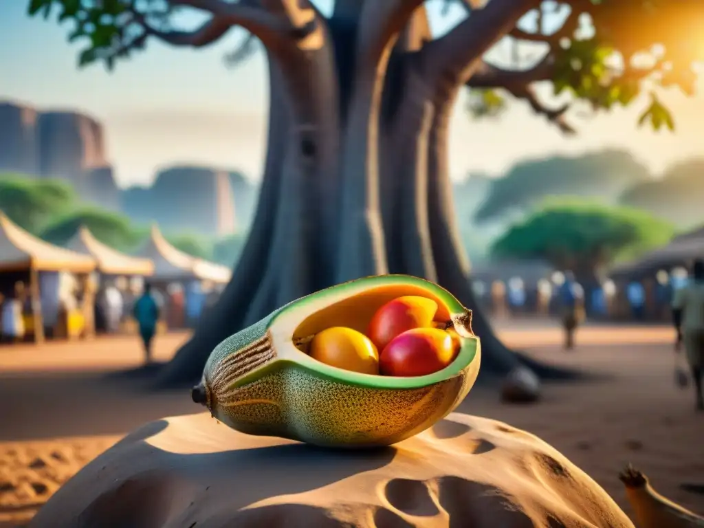 Una escena vibrante en un mercado africano con frutas exóticas y un fruto de Baobab detallado