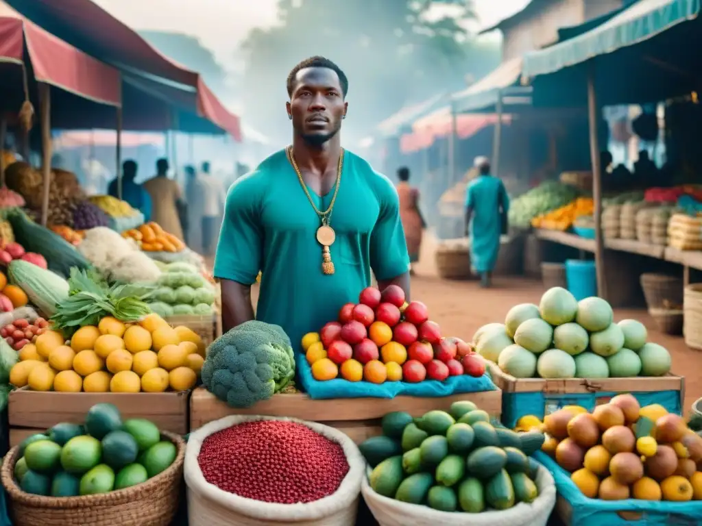 Escena vibrante en mercado africano, destacando la conexión entre tradiciones culinarias y conservación de alimentos en África