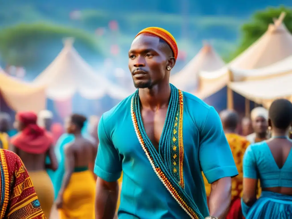 Escena vibrante de un mercado africano durante un festival tradicional, con textiles coloridos y artesanías