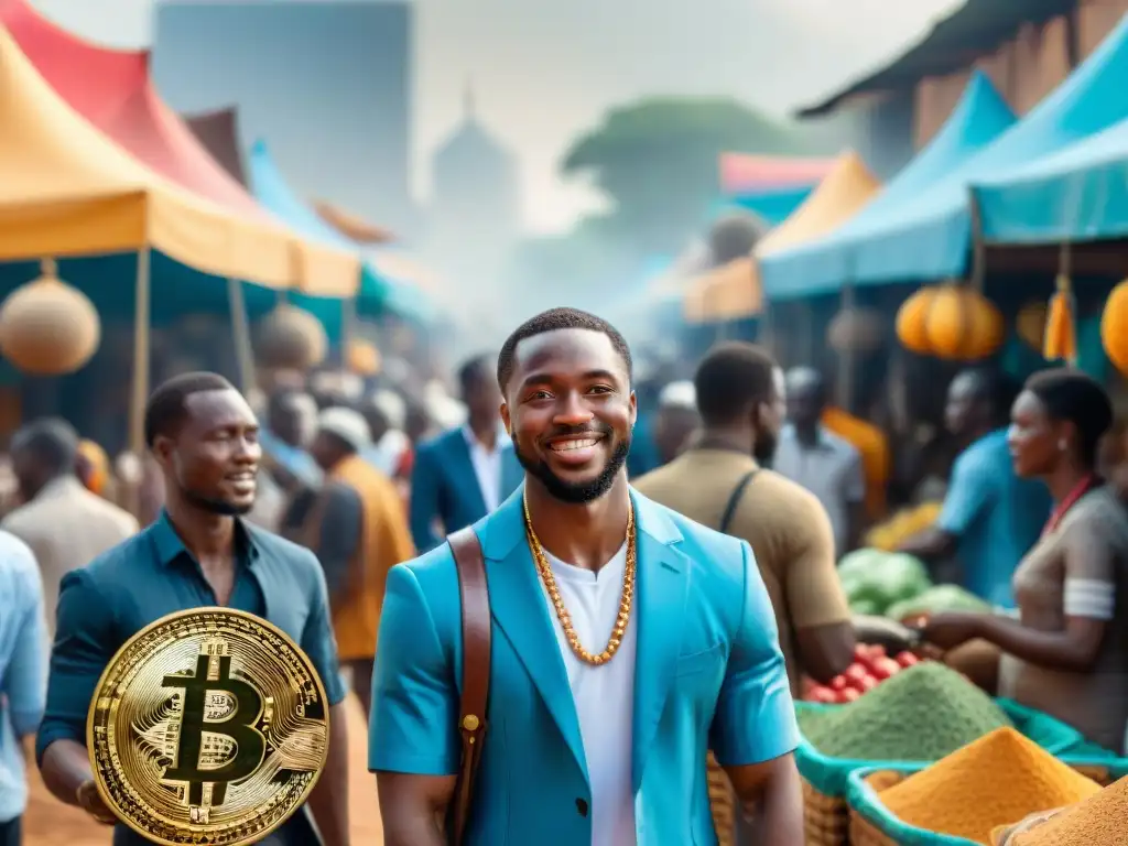 Escena vibrante de mercado africano fusionando tradición y tecnología con transacciones de criptomonedas