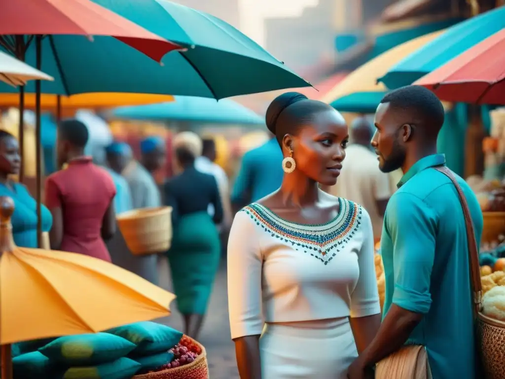 Escena vibrante de un mercado africano con vendedores bajo sombrillas coloridas, gente diversa participando en un intercambio cultural