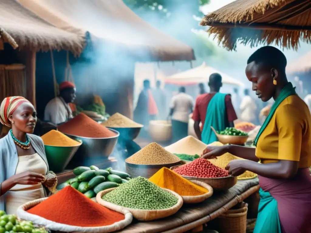 Escena vibrante de un mercado africano con influencia del arte culinario africano