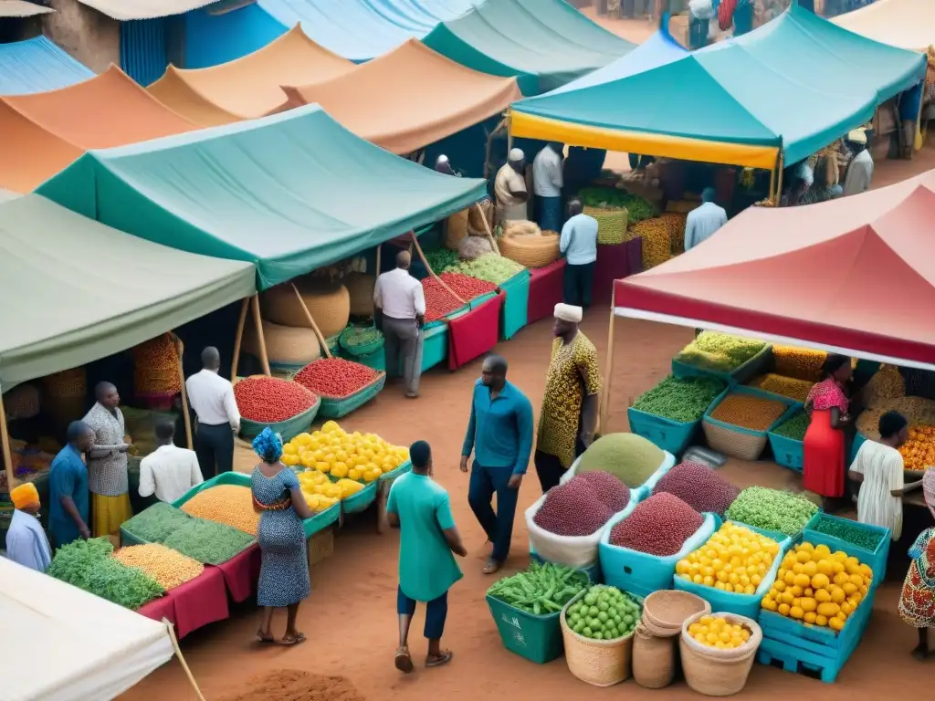 Escena vibrante de mercado africano con emprendedores locales y clientes, representando la educación financiera emprendedores africanos