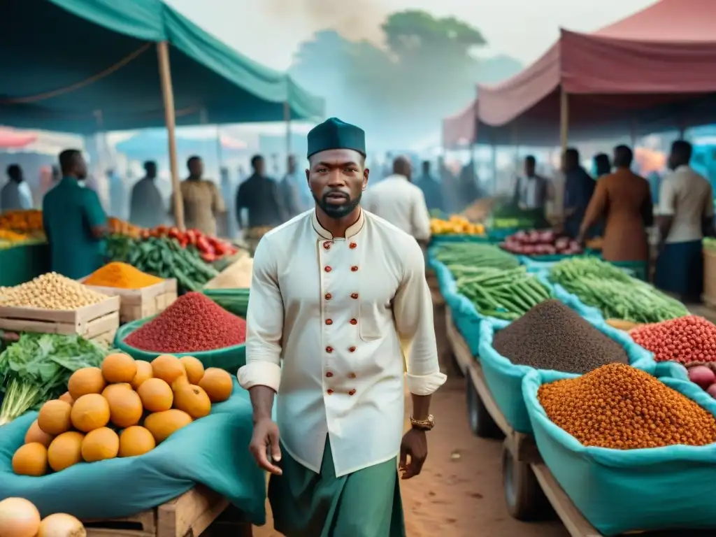 Escena vibrante de un mercado africano con gastronomía, cultura y sociedad en plena ebullición