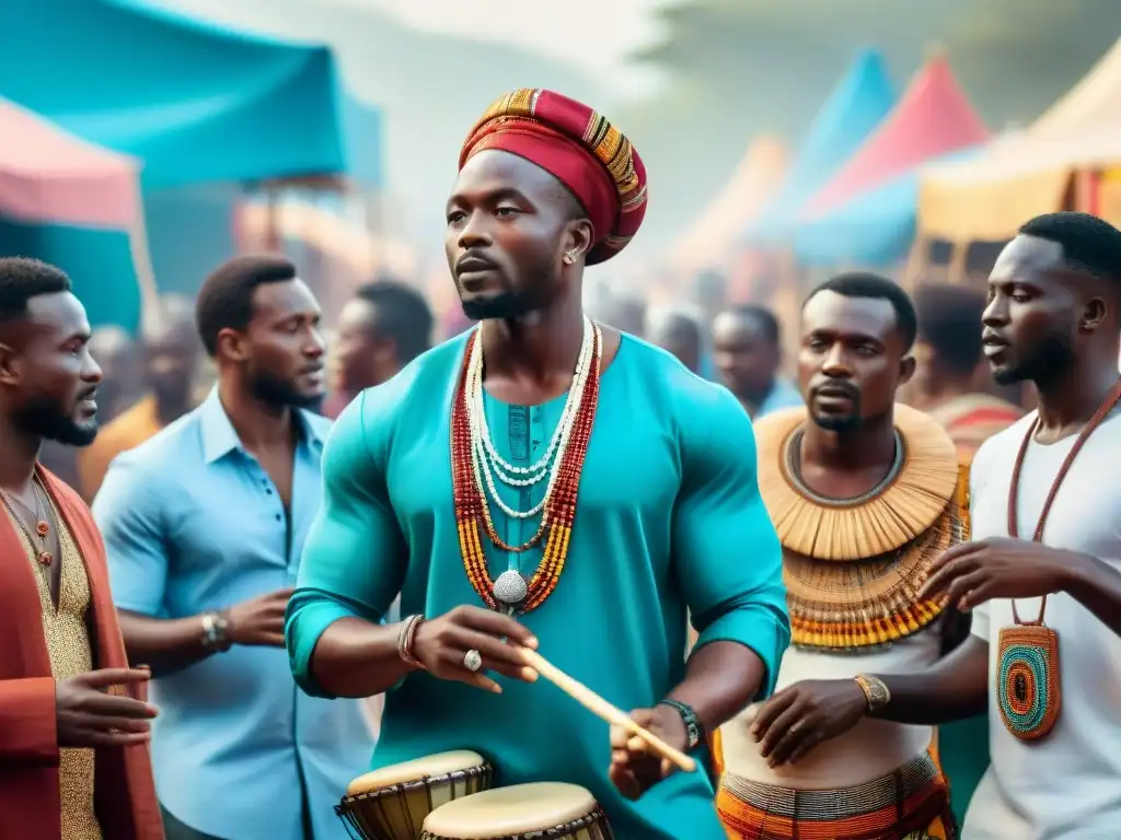 Escena vibrante de un mercado africano con músicos tradicionales y una multitud diversa