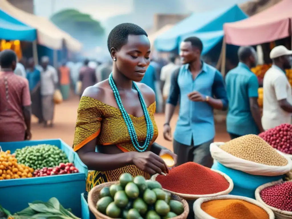 Escena vibrante de un mercado africano, fusionando tradición y modernidad en la Revolución Digital en África