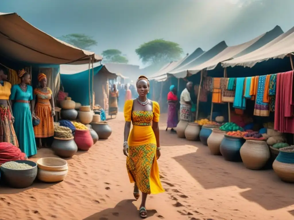 Mercado africano: colores vibrantes y tradición Escena vibrante de mercado africano con simbolismo paletas color moda africana