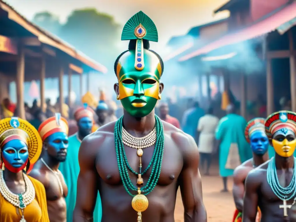 Escena vibrante de mercado africano con influencia animismo africano cristianismo contemporáneo