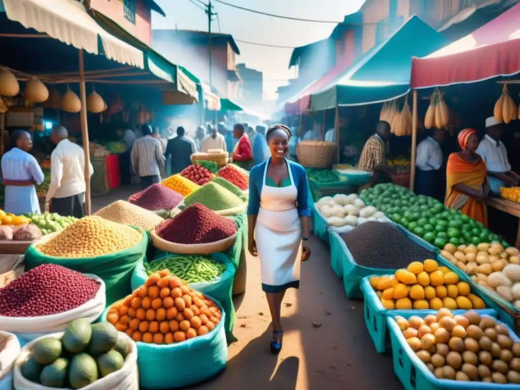 Escena vibrante de un mercado africano con influencia del arte culinario africano, lleno de coloridas frutas, verduras y especias, y gente negociando