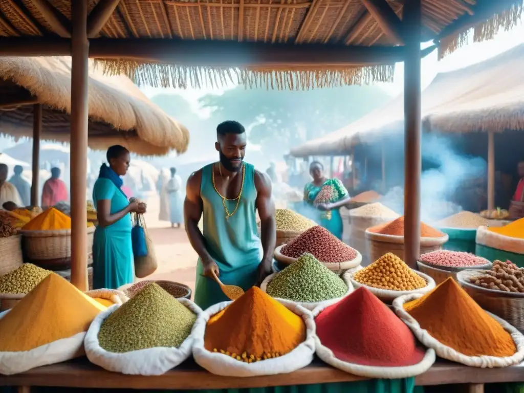 Una escena vibrante de un mercado africano con especias coloridas en cestas y mesas de madera