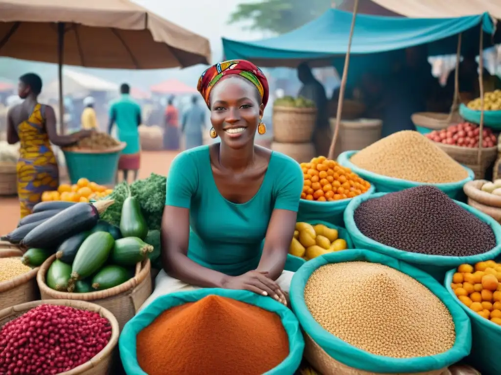 Escena vibrante de un mercado africano con frutas, verduras y especias