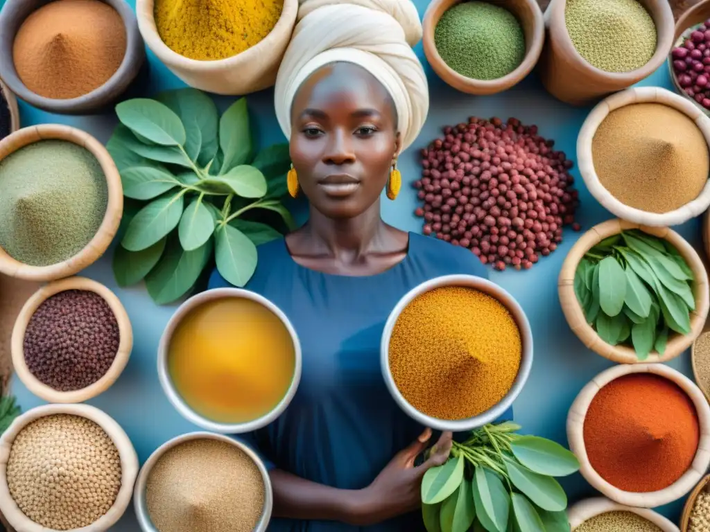 Escena vibrante en mercado africano con superalimentos coloridos