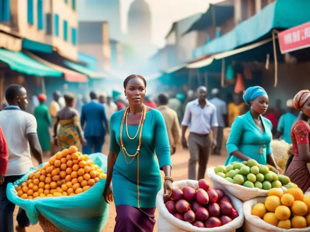 Escena vibrante de un mercado africano con diversas clases sociales en África