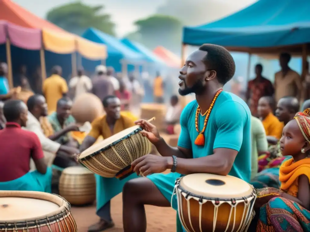 Escena vibrante de un mercado africano con música, arte y diversidad social