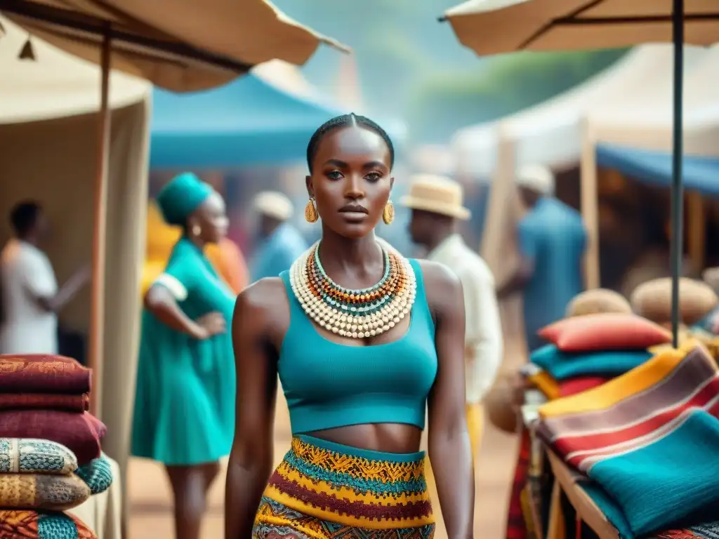 Escena vibrante de un mercado africano con moda y diseño africanos tendencias en exhibición