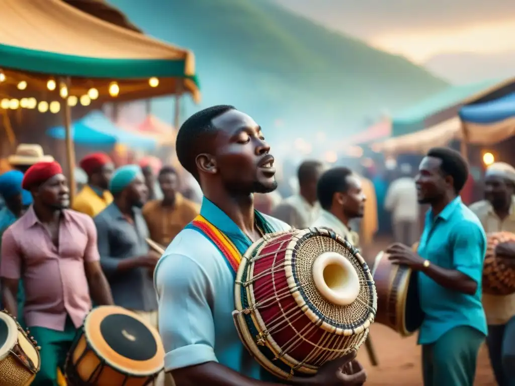 Escena vibrante de mercado africano con músicos y colores vivos, reflejando la influencia musical diáspora africana