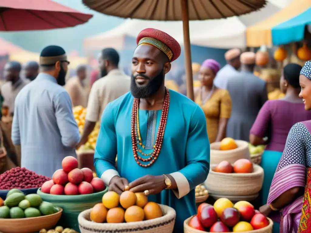 Escena vibrante de mercado africano con influencia judaísmo en espiritualidad africana