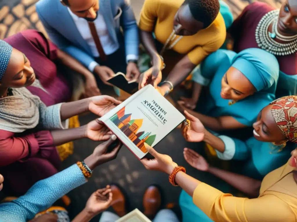 Una escena vibrante en un mercado africano, con diversas personas de distintas etnias y lenguas sosteniendo libros