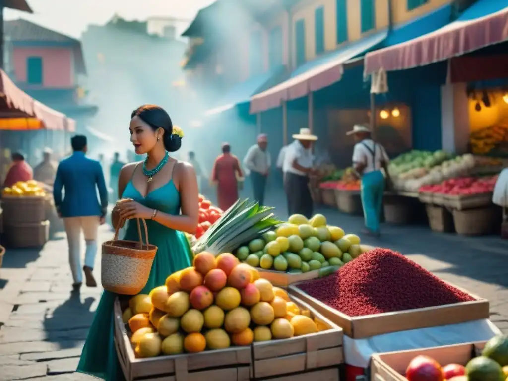 Escena vibrante de un mercado al aire libre en una ciudad latinoamericana, con frutas, especias y verduras coloridas en cestas y mesas