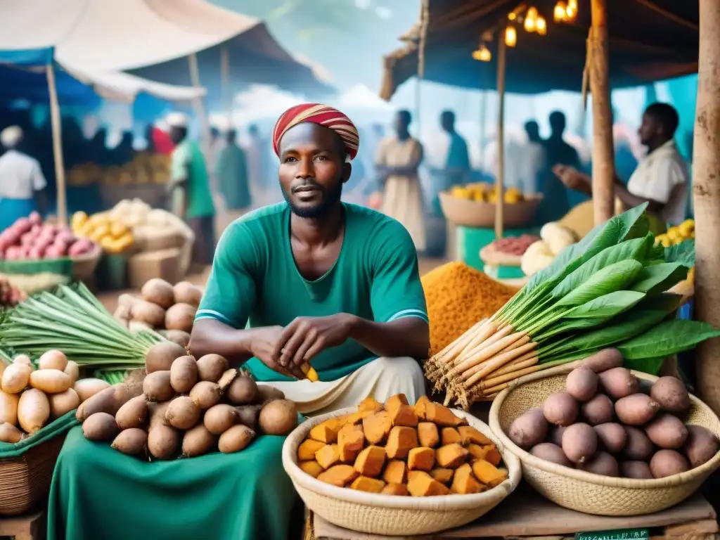 Escena vibrante en un mercado al aire libre en África Occidental, con influencia de raíces africanas en verduras como ñames, yuca y plátanos