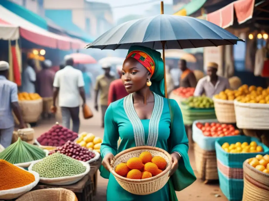 Una escena vibrante de un mercado al aire libre en Lagos, Nigeria, con locales en atuendos tradicionales africanos comprando y vendiendo productos